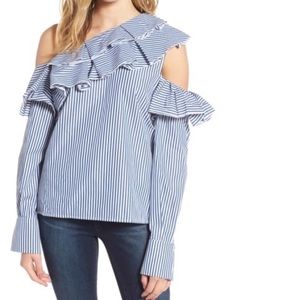 Leith Ruffle One-Shoulder Stripe Blouse